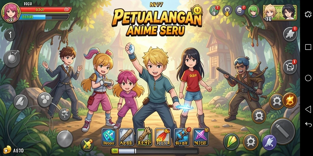 Tampilan gameplay NV77 dengan karakter Anime yang menarik.